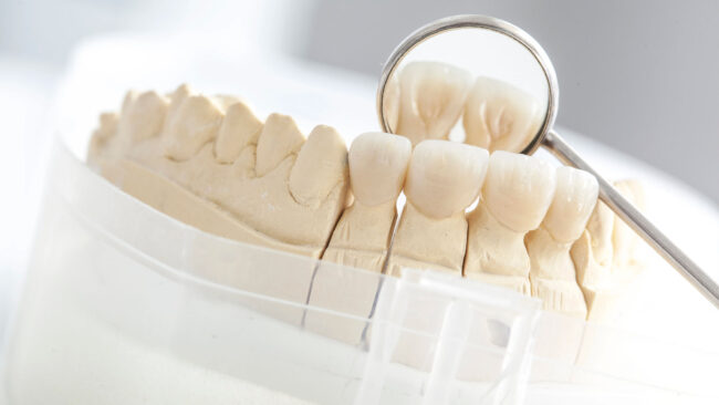 Closeup Modell eine Unterkiefers mit Keramikbrücke und Mundspiegel